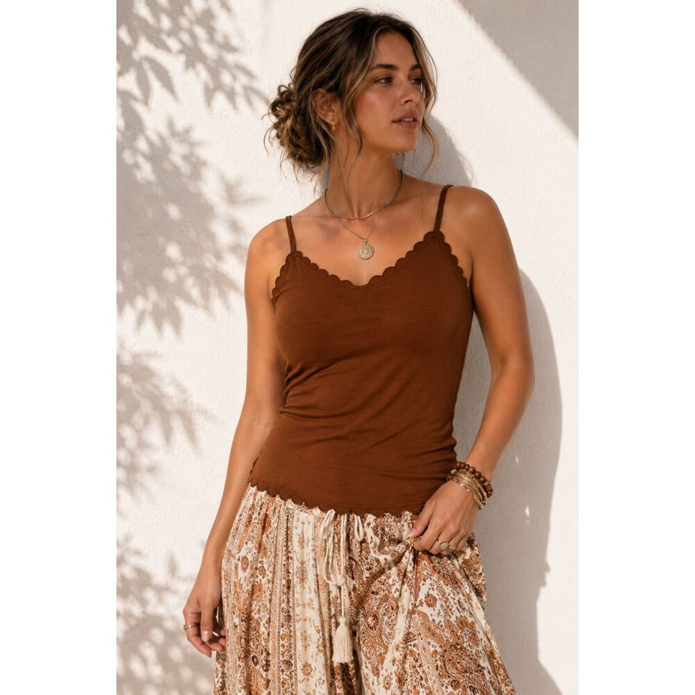 NWOT Perch by Blu Pepper Brown Scallop Trim Tank Top Women’s 2XL Plus